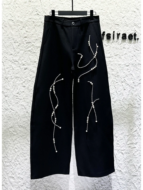 2025 Fashion Heavy Embroidery Pearl Black Lapel Jacket Set Handsome Boy Korean Version Loose Casual Wide-Leg Pants