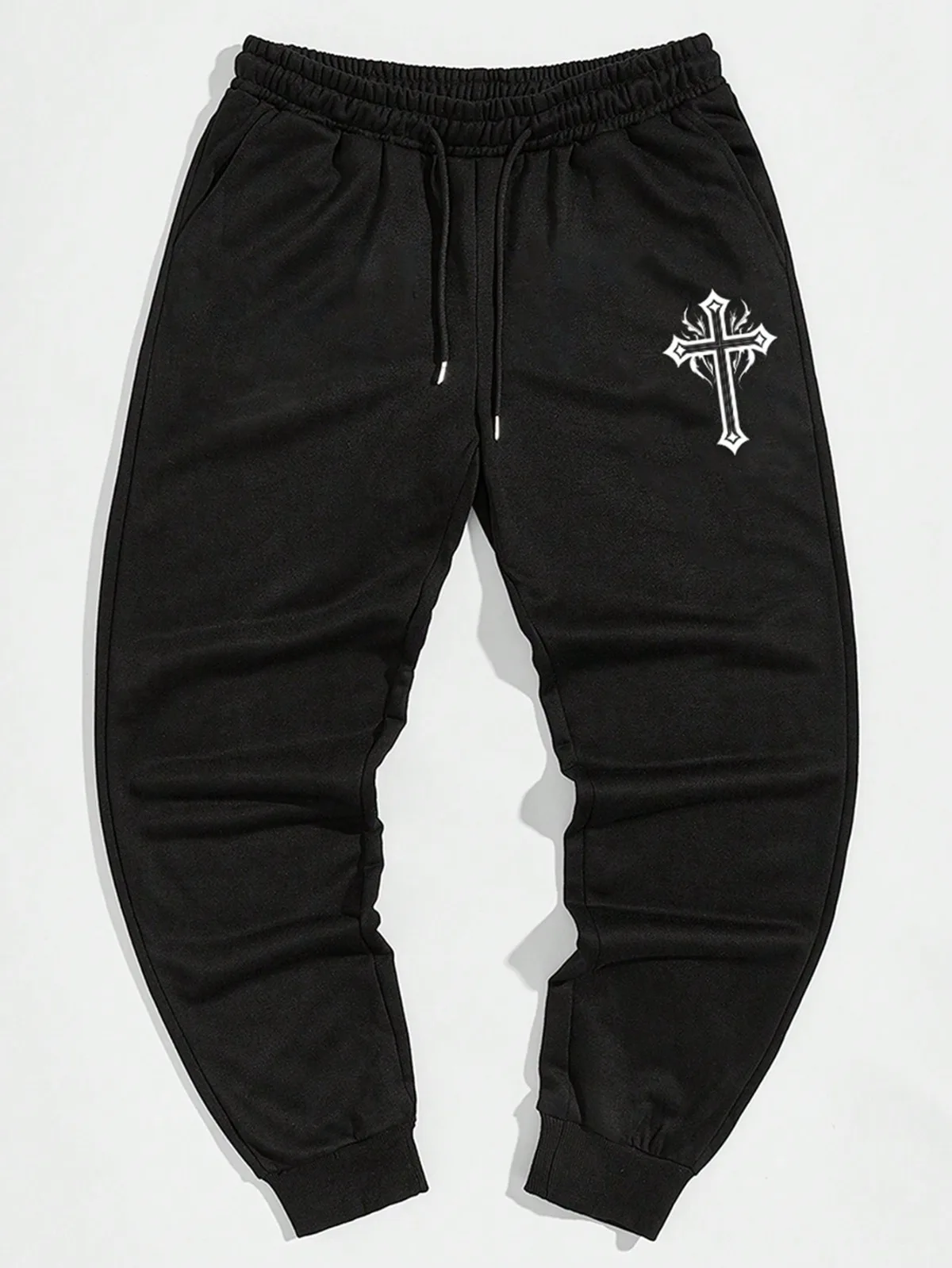 Men's Drawstring Cross Joggers Trendy Pattern Print Drawstring Sweatpants Loose Fit Pants Men Casual Slightly Stretch Joggers