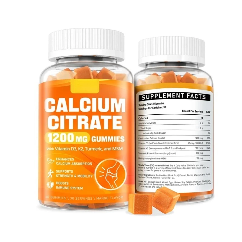El citrato de calcio contiene vitaminas D3, K2, cúrcuma y apoya la inmunidad muscular: sin azúcar, sabor mango natural