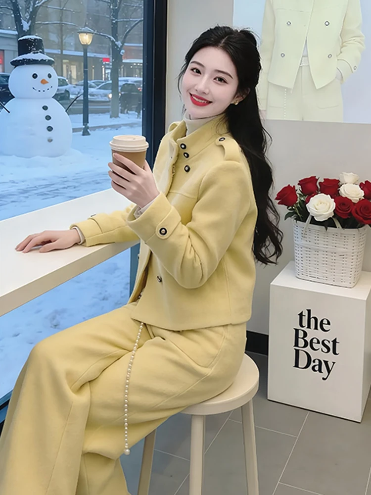 

Yellow Suit Short Jacket And Wide Leg Pants Women's Autumn Winter Casual Fashion Set Two-Piece Suit High Waist Long Pants