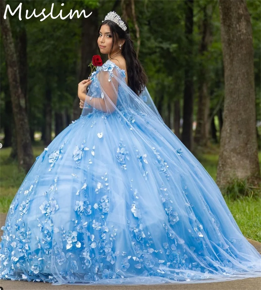 Plus size azul floral quinceanera vestidos charro vestidos de xv mexicanos doce 16 aniversário capa mangas photoshoot personalizado