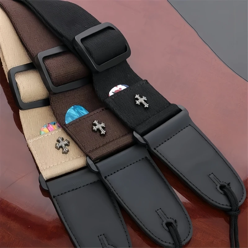Miwayer Adjustable Guitar Strap Vintage Cross Personality Guitarra Belt Pick Pocket for Electric Acoustic Folk Guitar