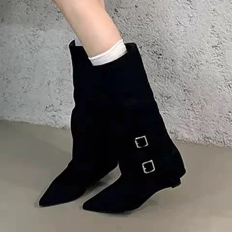 

Женские ботинки до середины икры, туфли на танкетке, ботинки на высоком каблуке с острым носком, зима 2025, сексуальные замшевые туфли-лодочки, модные ботинки челси Mujer Botas