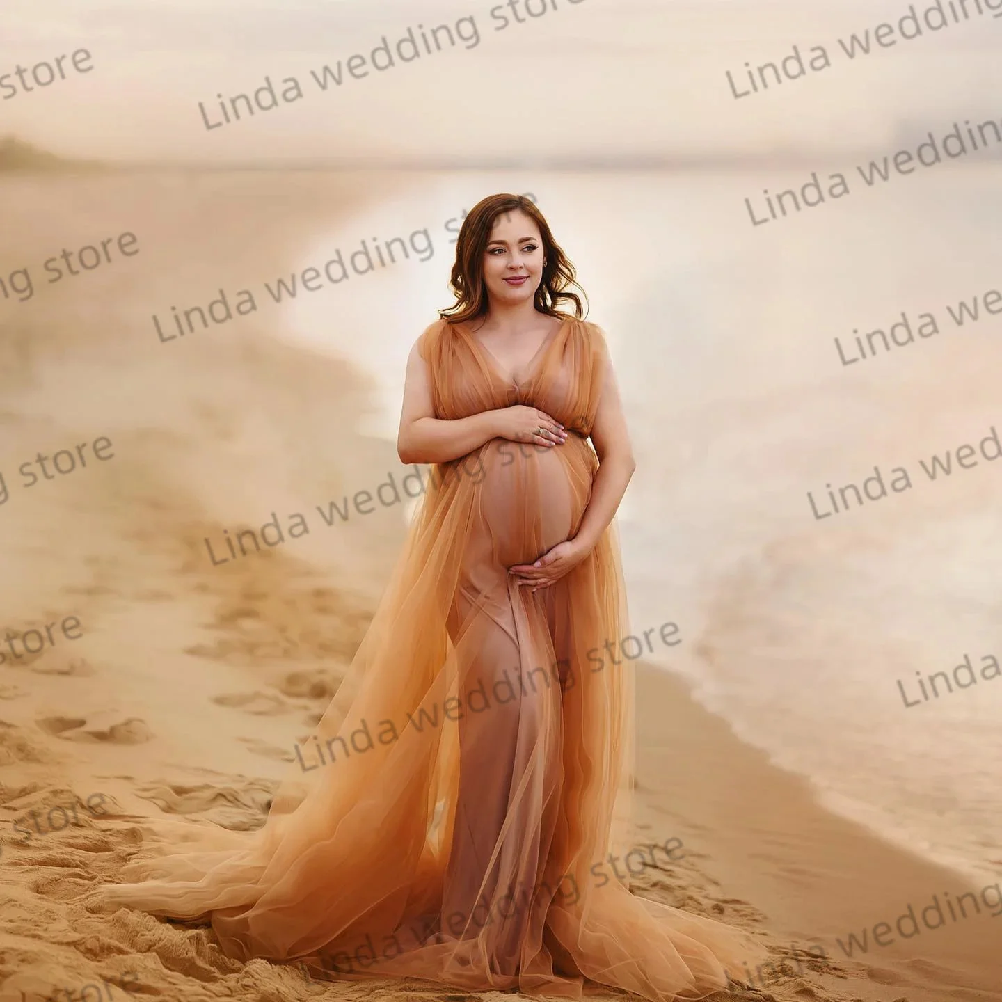 Bescheidene orange Ballkleider einfache V-Ausschnitt Mutterschaft Fotoshooting Kleid mit Futter ärmellose Falten Baby party Kleider