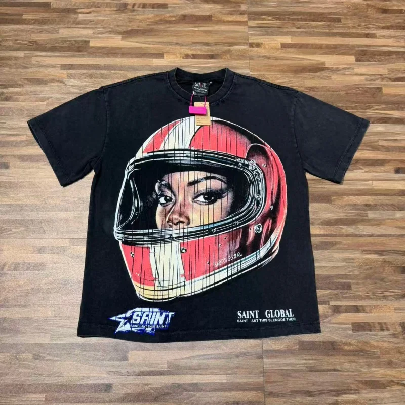 SAINT Racer Graphic T-Shirt - Retro Racing Helmet Print, 90s Streetwear Oversized Cotton Tee Men's Casual Top Y2K Aesthetic