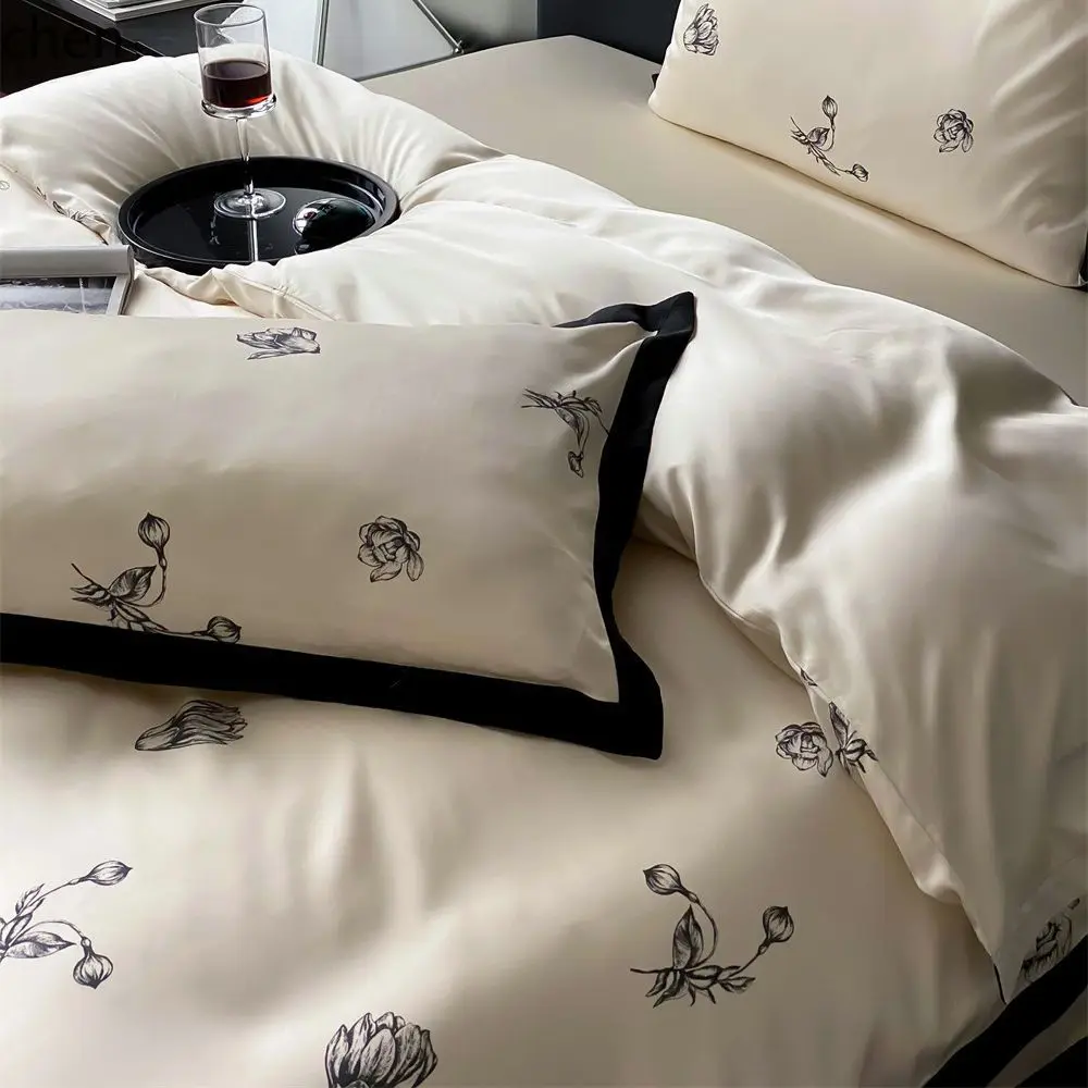HXL Chinese Style Tencel Bedroom Home Bedding Four-Piece Set