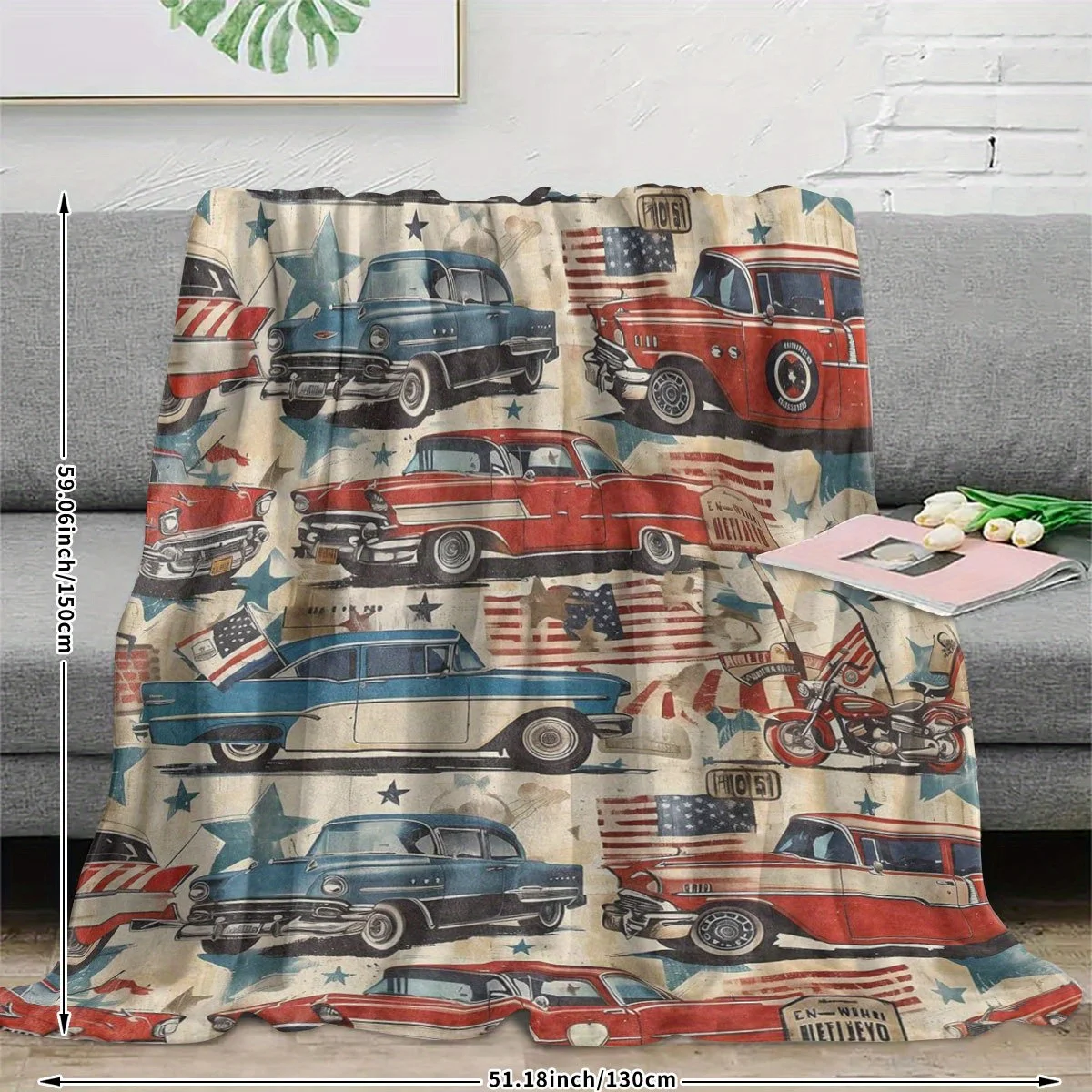 Vintage American Throw Blanket - 50X60 Inches (Approximately 127.7 X 152.4 Cm), Featuring Retro Cars And Motorcycles for Home De