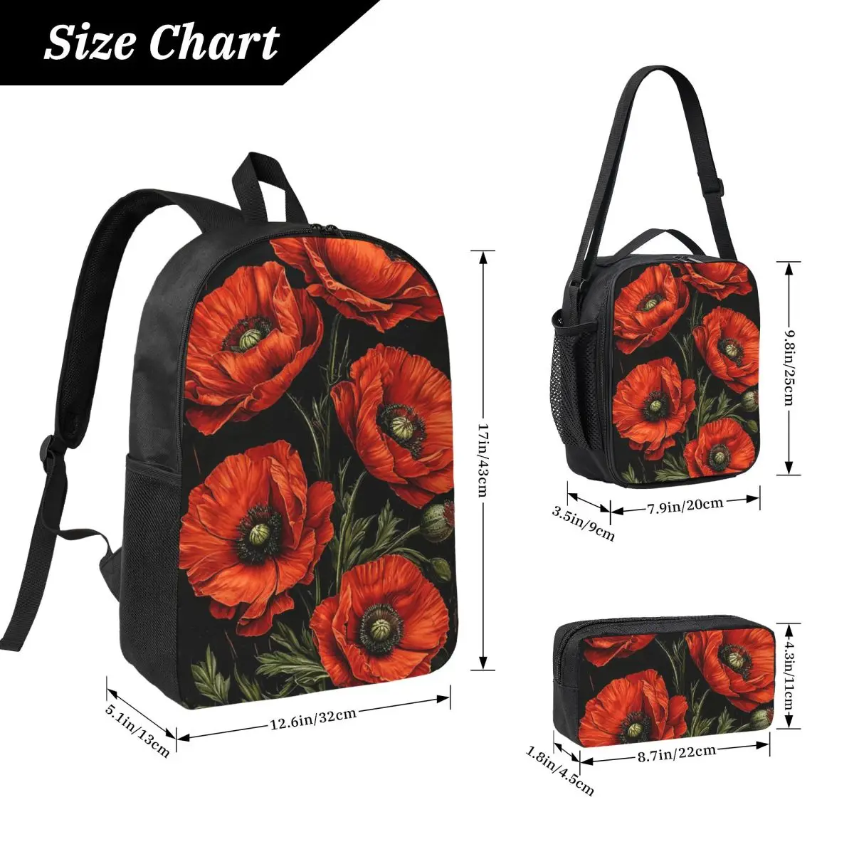 Vibrant Poppy Floral Design Backpack Boys Girls BookBag School Bag Laptop Shoulder Bags 3ps Insulated Lunch Bag Pencil Case