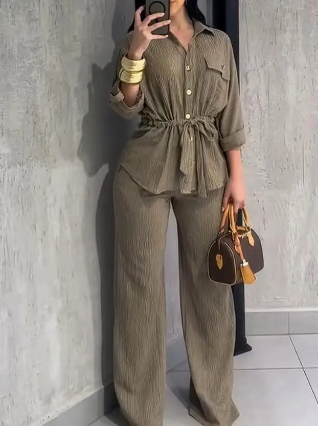 

Women's Two-Piece Set 2025 Fashion Retro Collar Rolled Up Sleeve Pocket Design Drawstring Top Elastic Waist Wide Leg Pants Set