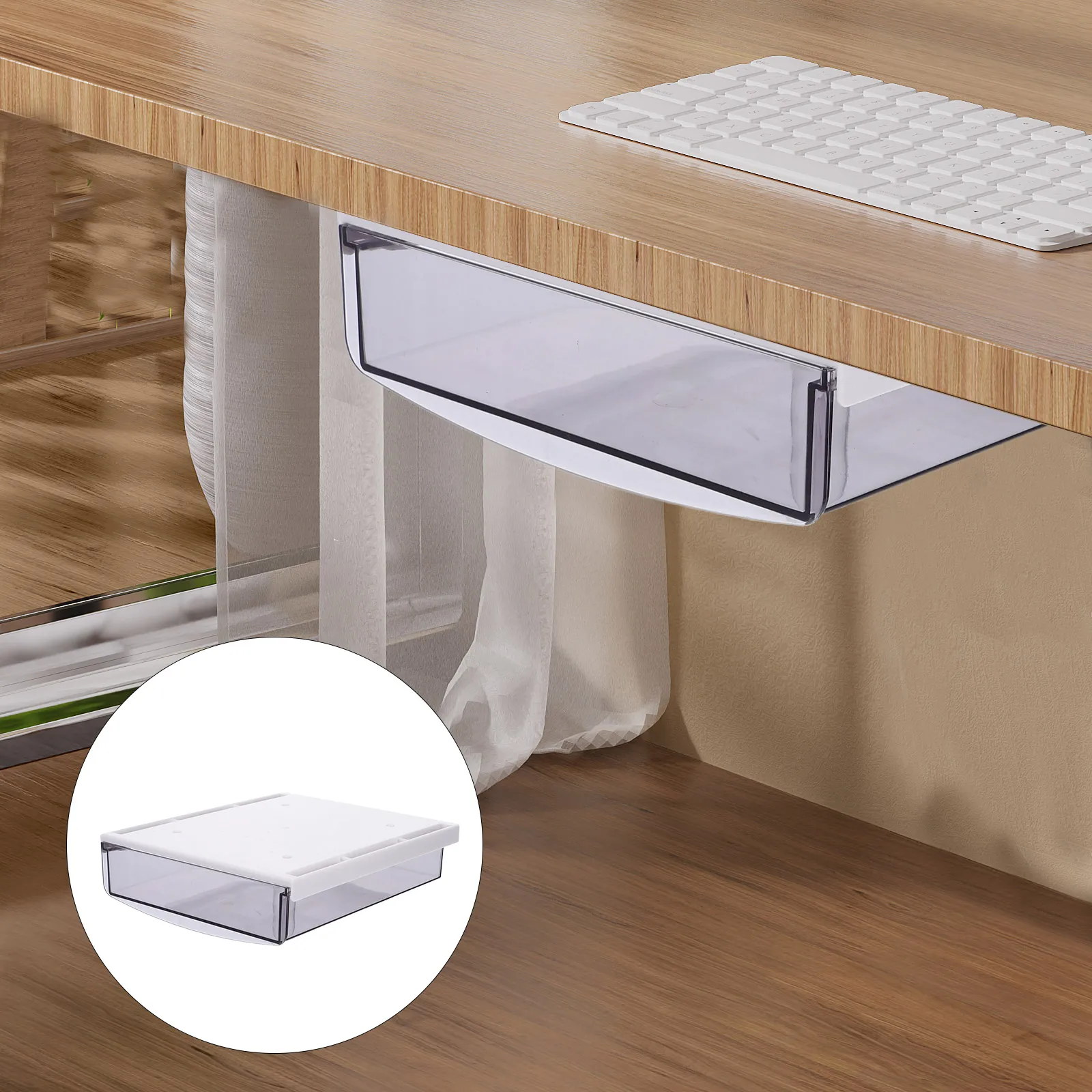 

Self Adhesive Under Desk Storage Drawer Transparent Hidden Slide Out Drawer Invisible Office Desk Organizer Under Table Storage