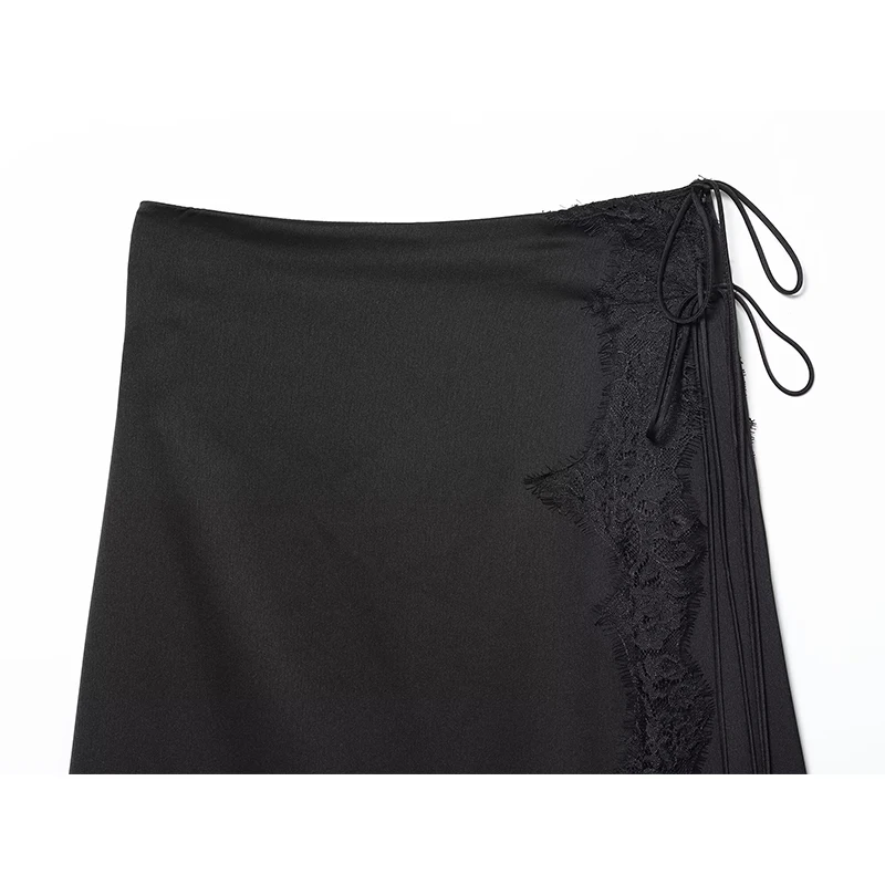Sexy feminino renda guarnição preto cetim saia amarrando mid-rise fenda hem assimétrico midi saia faldas mujer