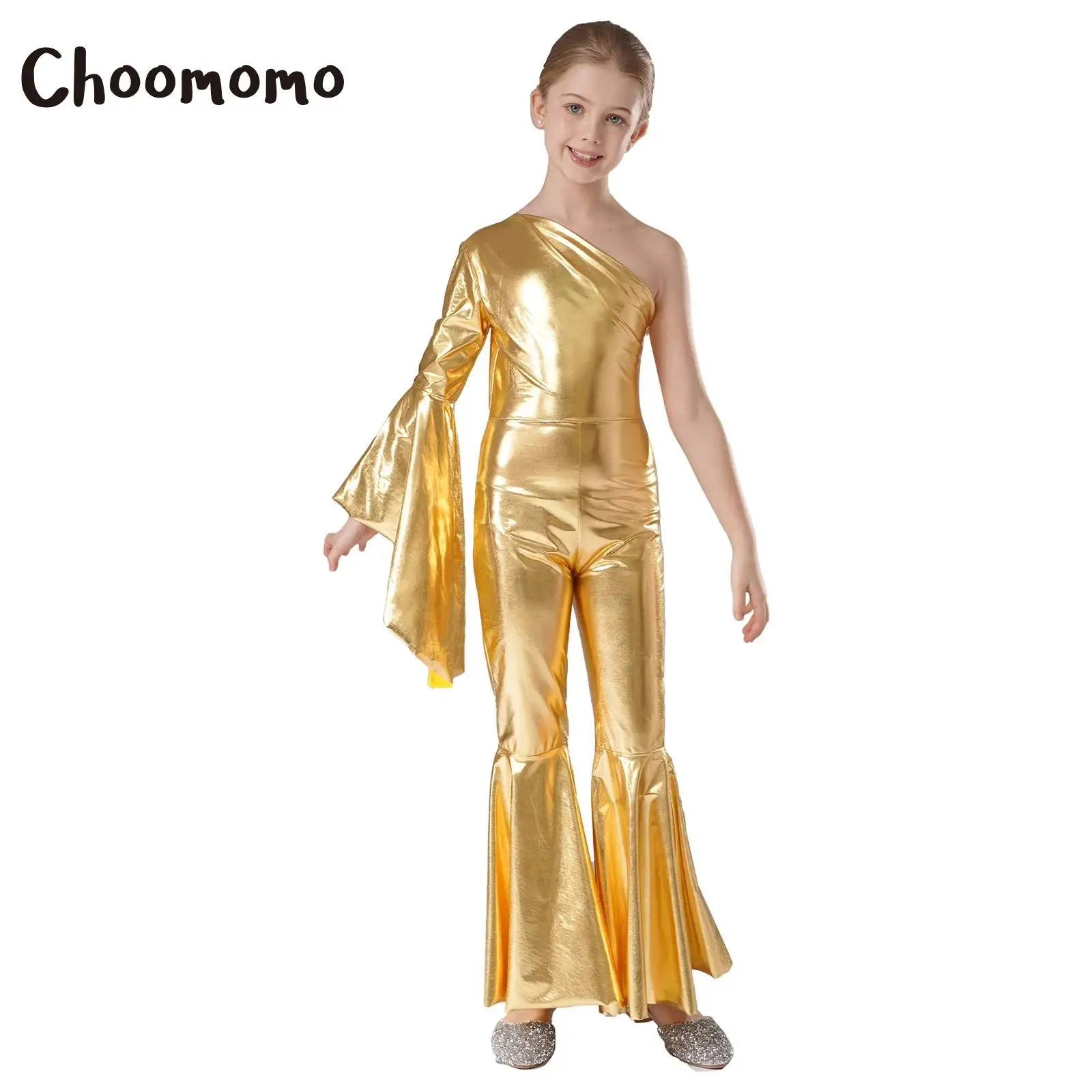 

Kids Girls Shiny Metallic One Shoulder Flare Sleeve Jumpsuit Wide Leg Bell Bottom for Jazz Dance Hip Hop Stage Performance