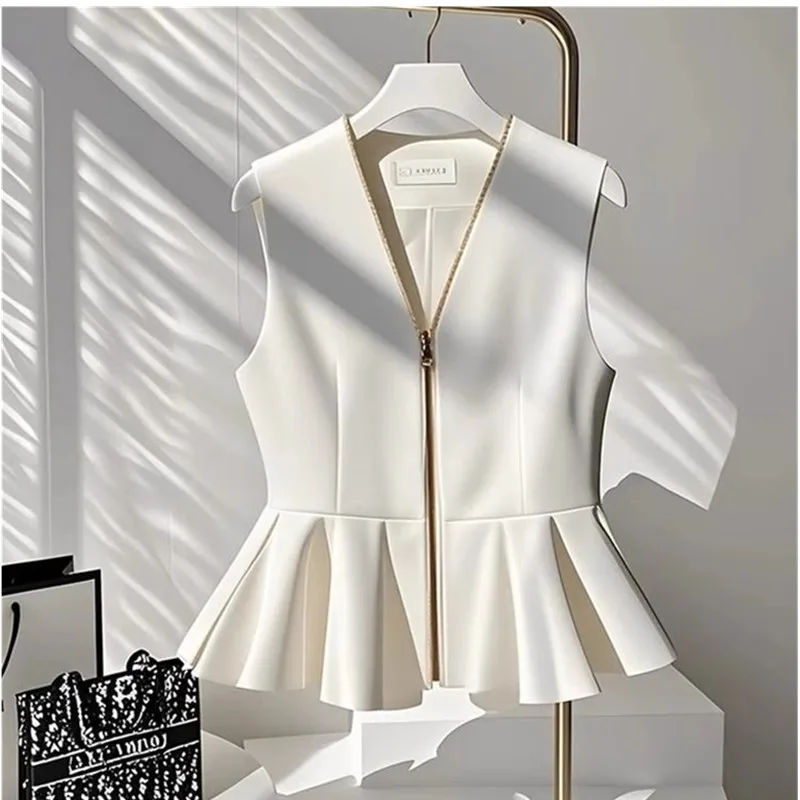 

French Zipper V Neck Blazers Women Temperament Jackets Sleeveless Waistcoats Elegant White Vests Blazers Formal Office Lady