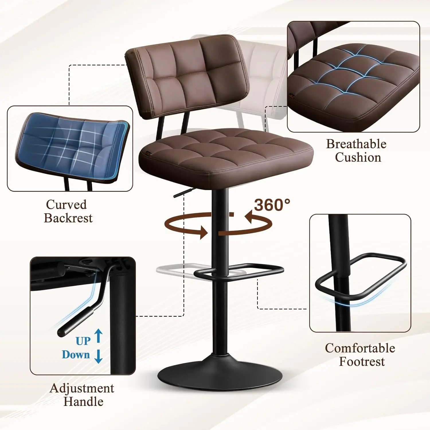 طقم مقاعد بار من الجلد الصناعي الحديث مكون من قطعتين، دوارة منجدة مع ظهر، ارتفاع عداد قابل للتعديل، بني #4
