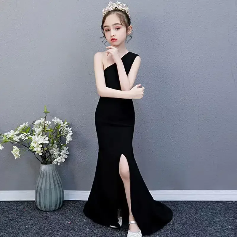 Flower Girl Dresses For Weddings Kids Black One Shoulder Sexy Side Slit Girls Party Dress 3 To 15 Years Communion Dress Girl