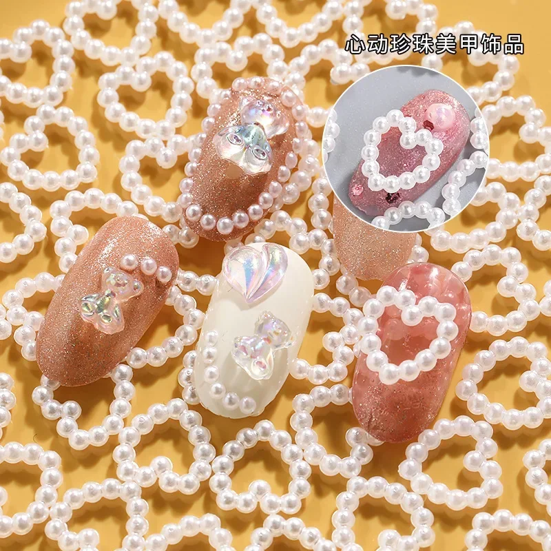 100pcs/Bag Korea Hollow Heart Pearl Nail Art Charms11mm Jewelry Sticker Pearls Decorations Graduated Color For Nails Design