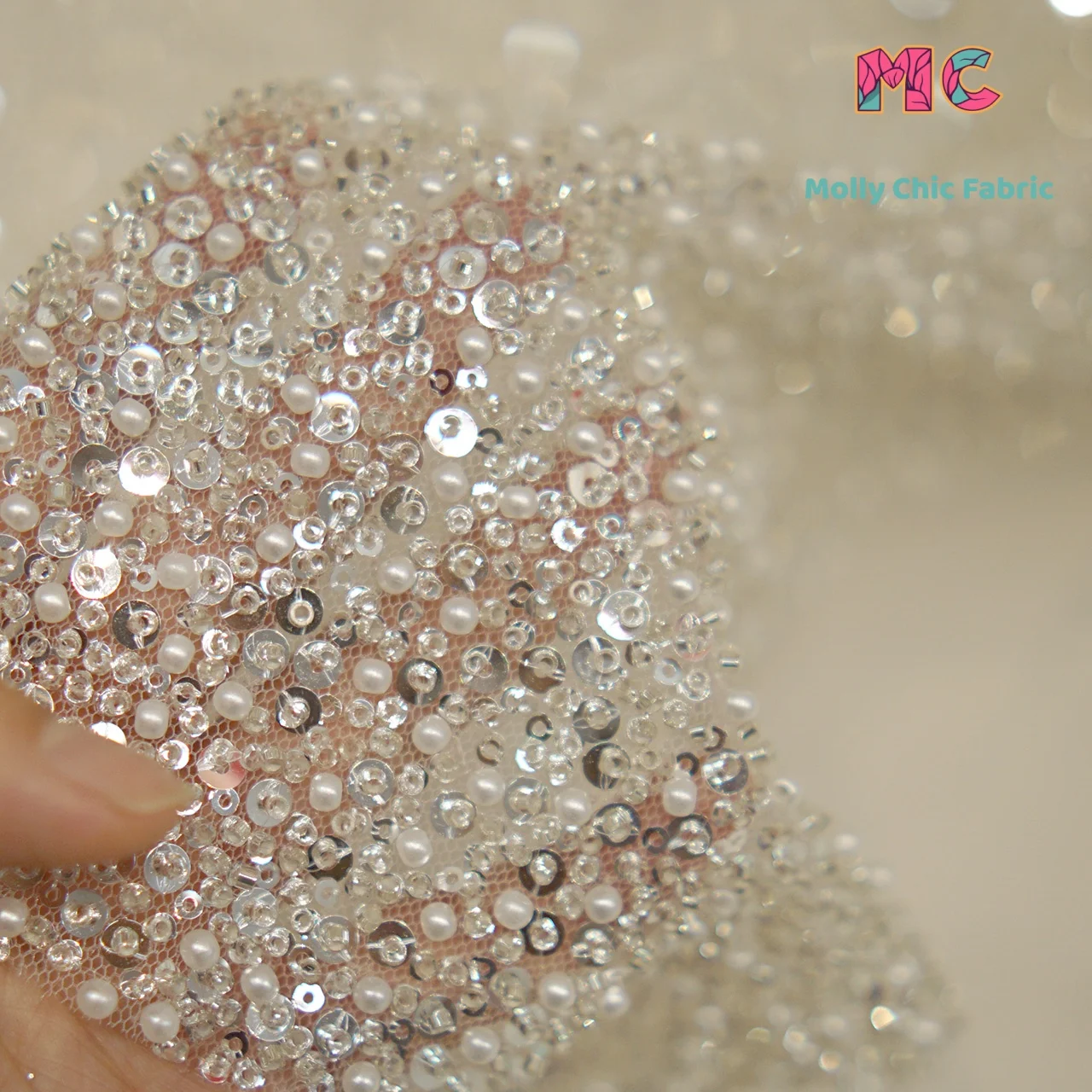 

New high-end encrypted bead embroidery sequins crystal mesh fabric DIY wedding dress evening gown fabrics for sewing