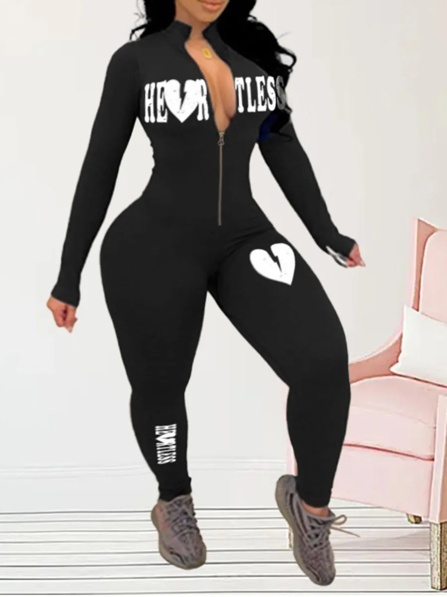 Lw Plus Size Vrouw Rits Jumpsuits Roze Brief Print Skinny Jumpsuit Sexy Streetwear Casual Rompertjes Sportkleding Jumpsuit