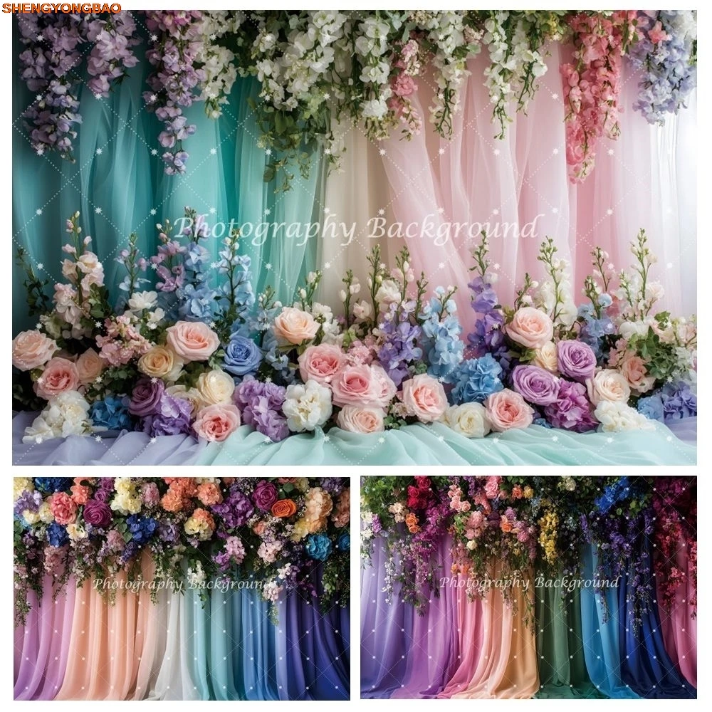 

Colorful Flowers Curtain Wedding Photography Backdrop Bridal Shower Portrait Birthday Party Decor Photo Backrgound Photostudio