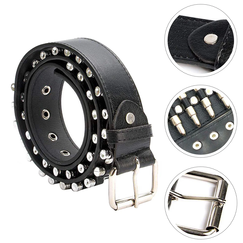 

Men Bullet Belt Punk Artificial Waistband Fashion Black Metal Buckle Matching Belts Leisure Work Gifts