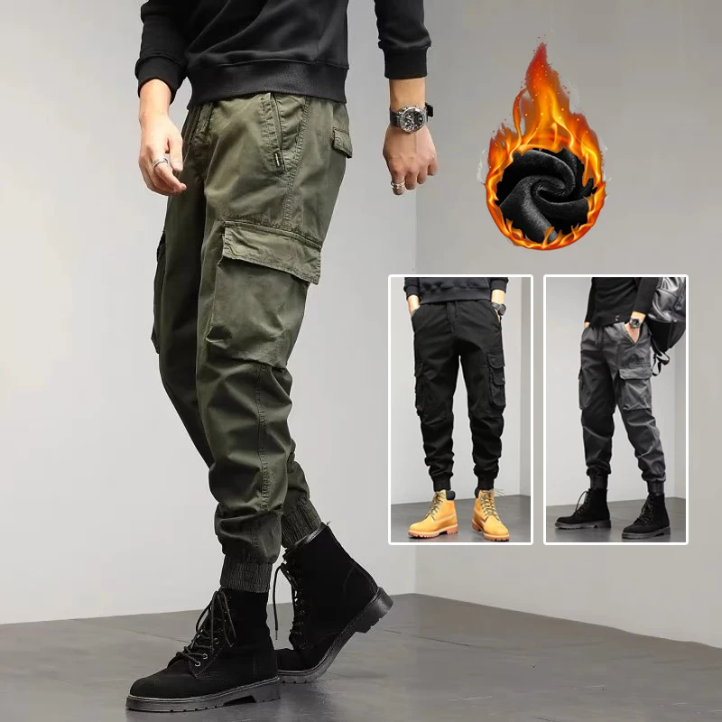 Men's Winter Snow Warm Thermal Plush Cargo Pants Comfortable Elastic Waist Casual Trousers Trend Versatile Concise Outside Pants