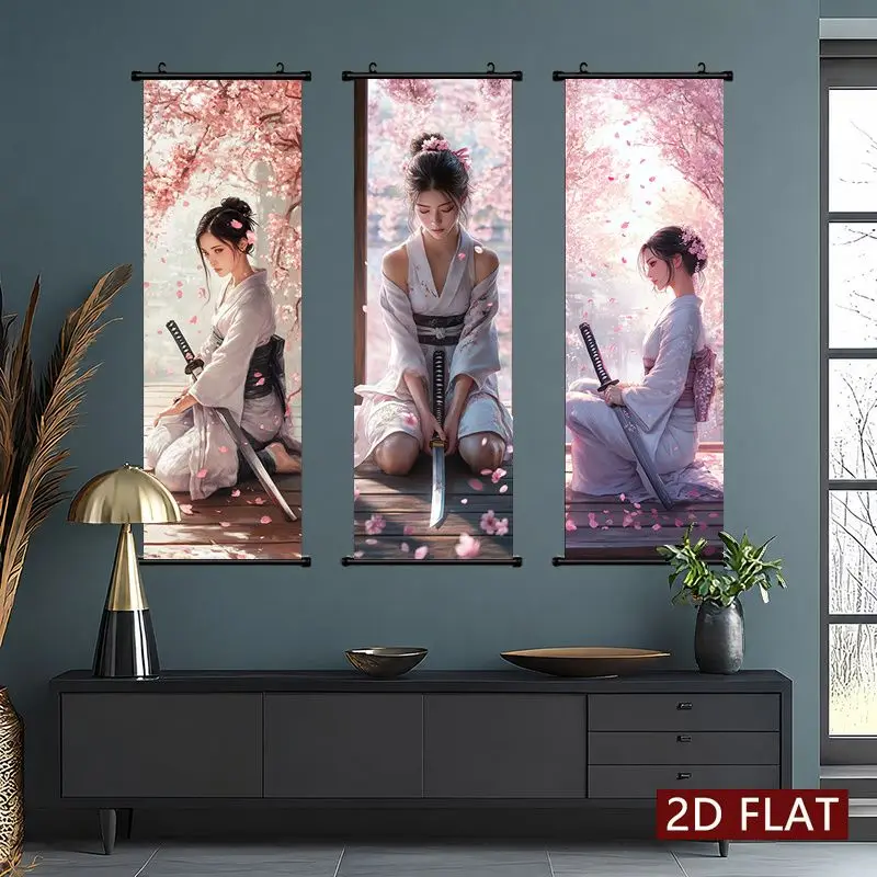 Japanese Samurai Scroll Tapestry, Vertical Wall Hanging Featuring the Aesthetics of a Samurai in a Kimono, Zen Bedroom Decor