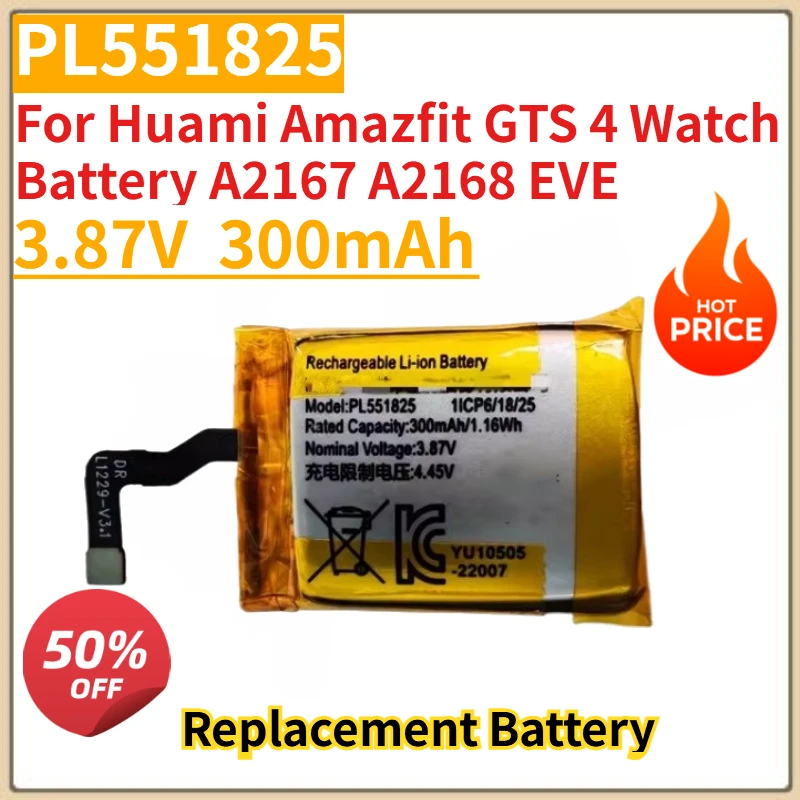 New 300mAh Watch Battery PL551825 for Huami Amazfit GTS 4 A2167 A2168 EVE Replacement Battery