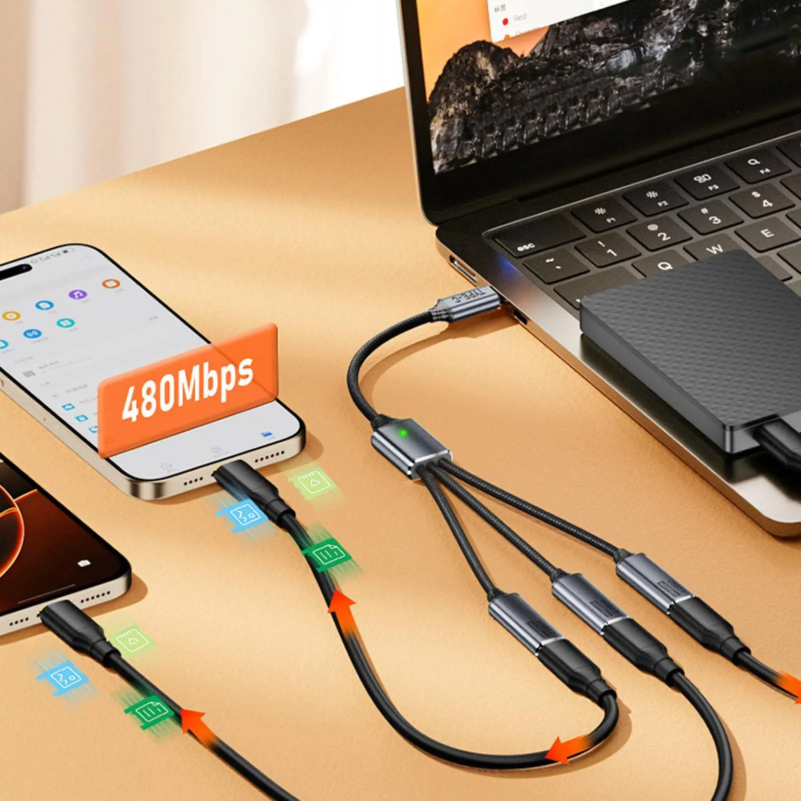 كابل شحن USB متعدد USB/Type-C سلك شاحن متعدد لوازم السيارات للأجهزة رحلة شاحنة العمل المغامرة الداخلية