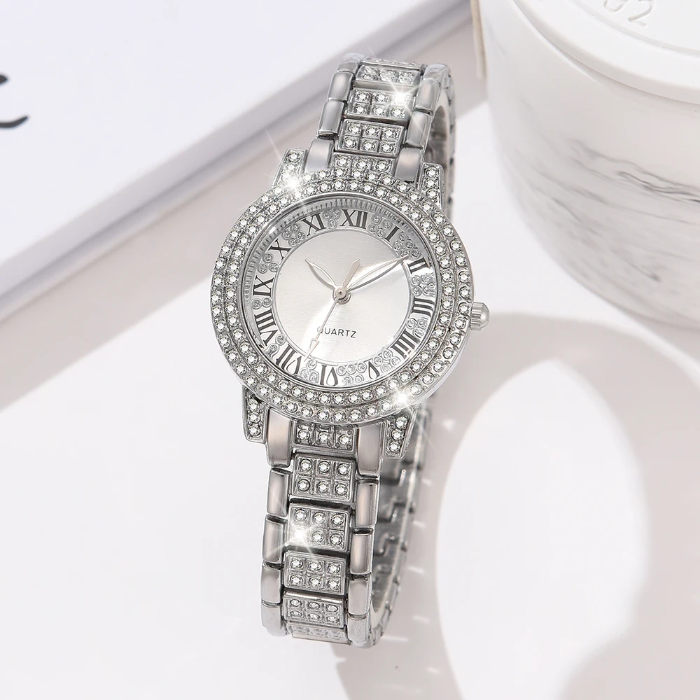 Silver 5PCS/Set Women Watch Roman Numeral Scale Diamond Dial Quartz Wristwatch Alloy Strap Watch Anchor Jewelry Set Gift For Mom