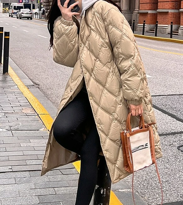 Diamond Grid Down Cotton Jacket for Women 2025 New Winter Long and Thick Warm Jacket