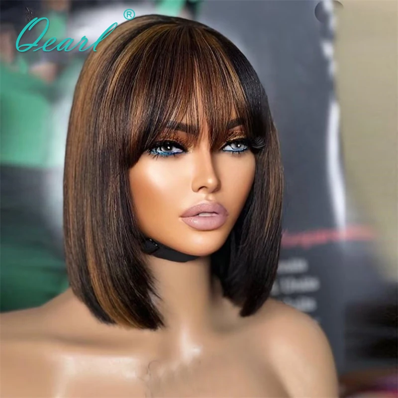 Qearl-HD curto Bob perucas de renda com franja, cabelo natural, marrom, mel loiro, 100% cabelo humano, franja, glueless, venda superior, novo