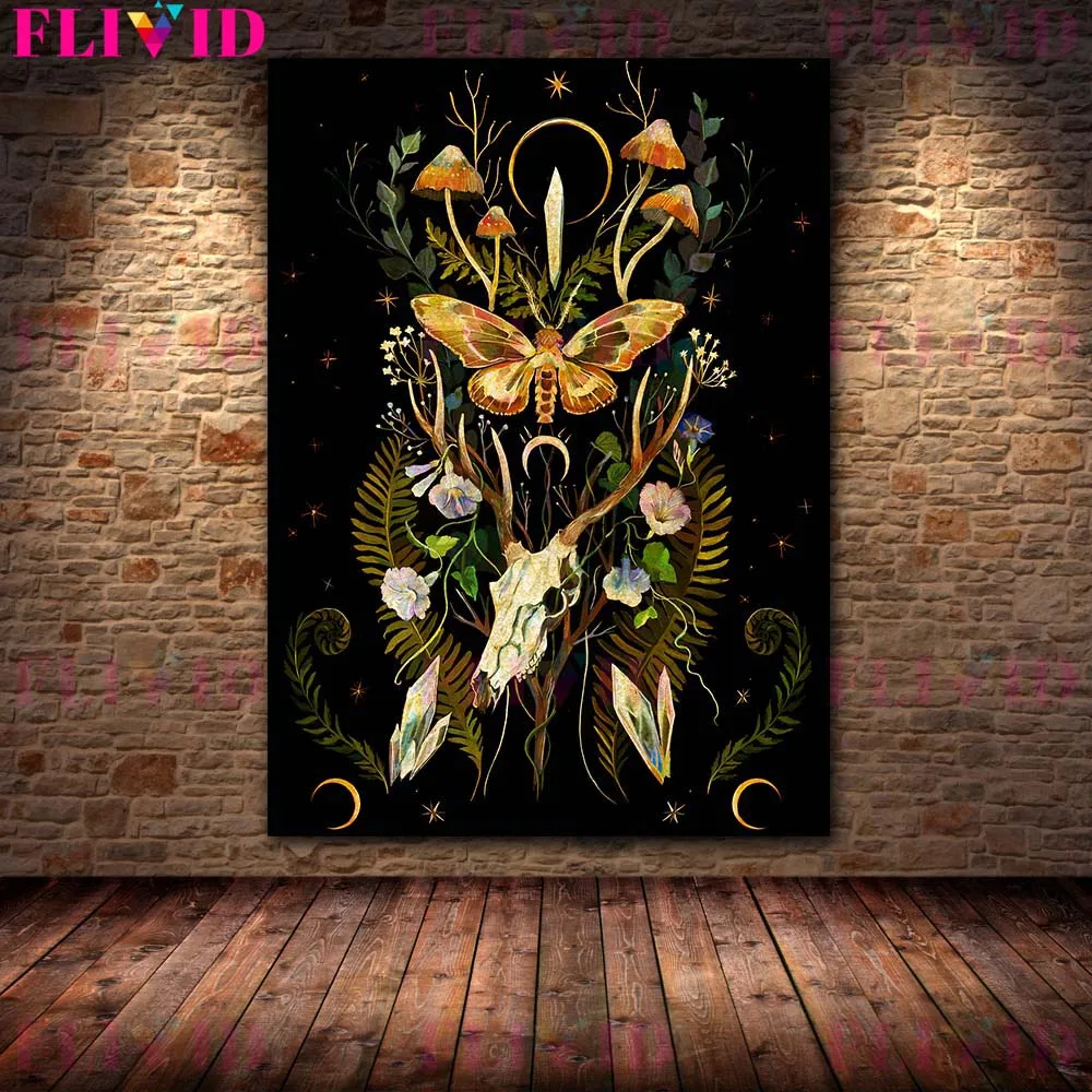 Black Goat Garden And Mushrooms Snake Crystals Abstract Wall Art Canvas Painting Witchcraft Magic Plant And Animal Poster Print