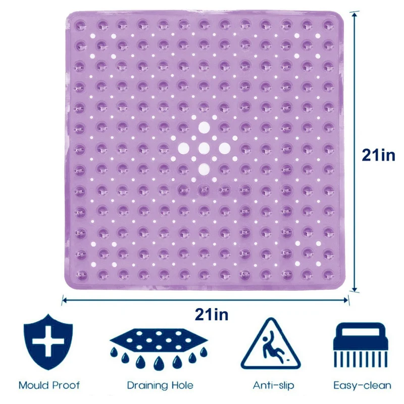 53*53cm Square Bath Shower Tub Mat for Bathroom Non Slip Bathtub Mats with Suction Cups Drain Holes Machine Washable