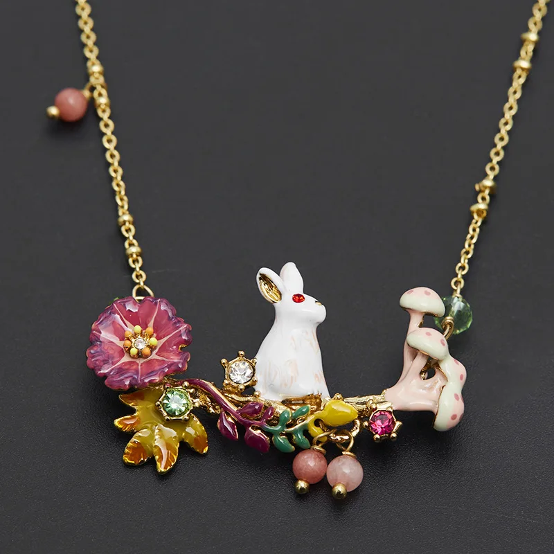 

Rural Series Yellow Maple Leaf Red Purple Flower White Rabbit White Mushrooms Charms Dangle Cute Necklace for Women Collarbone