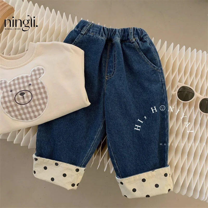Girl Pants 2025 Autumn and Winter New Children's Clothing Korean Style Girl Baby Fashion Wave Dot Color Edge Jeans Simple