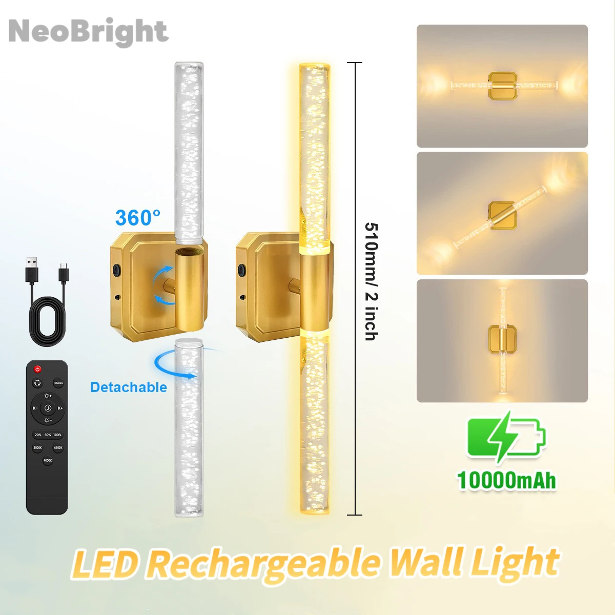 

LED Charging Wall Lamp Light Guide Column Lihjt Indoor Wiring-free Magnetic Wall Light long Bracket Light