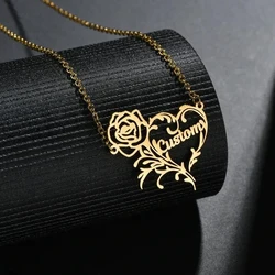 Custom Name Rose Heart Charm Necklace Romantic Personalized Stainless Steel Flower Pendant Collar Women Jewelry Girlfriend Gift