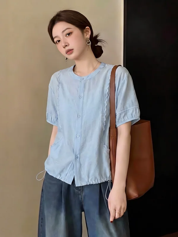 Light Blue Lace Trim Short Sleeve Shirt Women's Summer New Large Size Micro Plump MM Bottom Drawstring Top Korean Style Commute