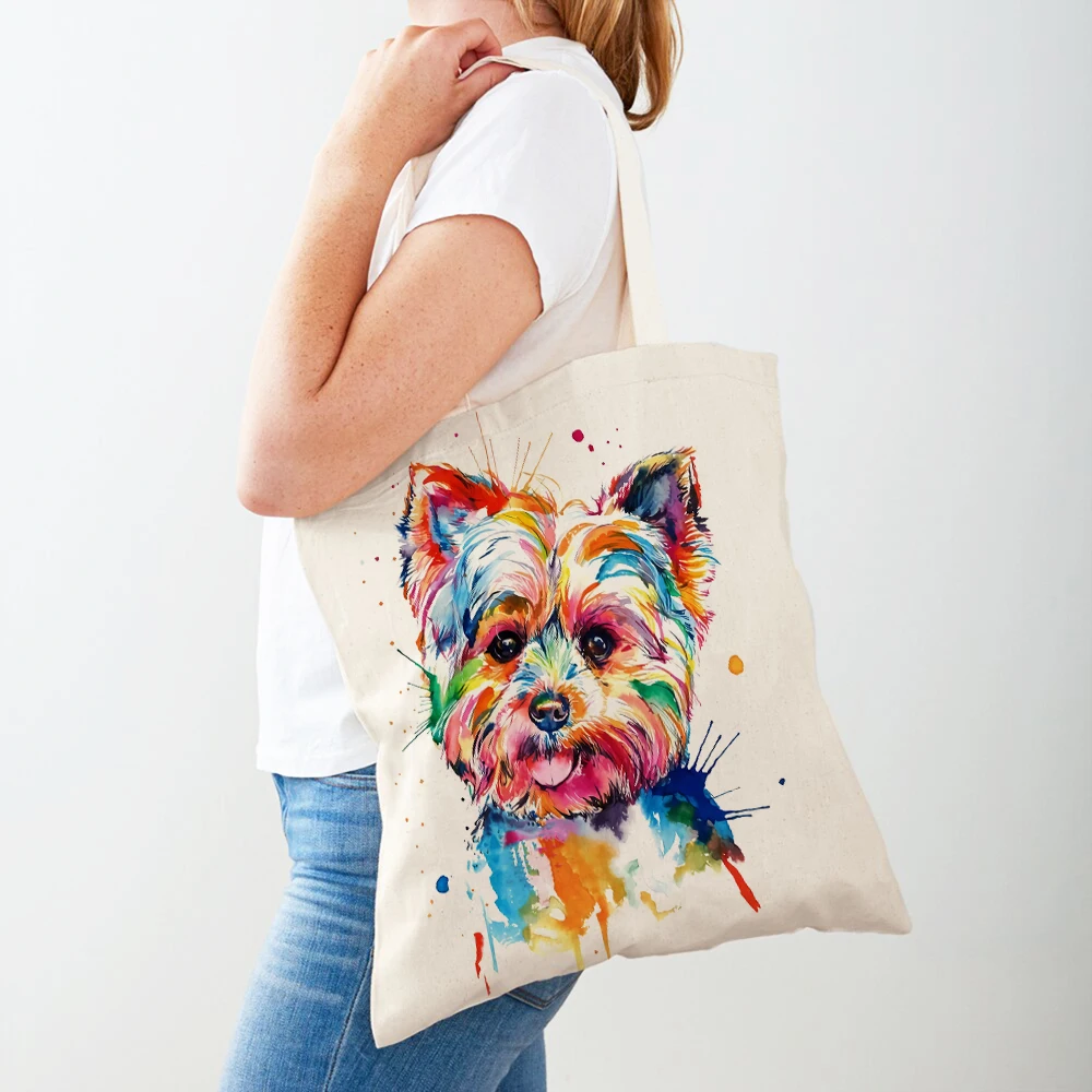 Cute Cartoon Pet Dog Eco Shopping Bag Women Canvas Tote Handbag Reusable Watercolor Animal Lady Shoulder Shopper Bags