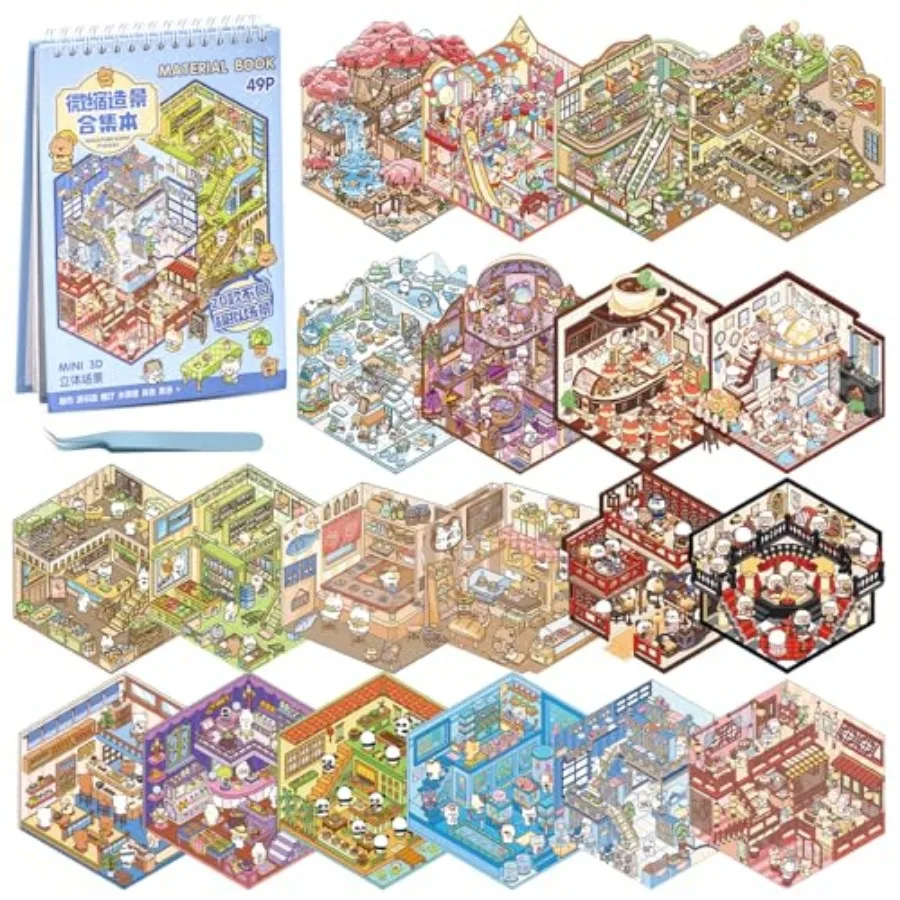 20 Sets DIY 3D Sticker Scene Book, Cute Cartoon Animal Isometric Scene, DIY 3D House Stickers Set, Sticker Therapy for Adults,