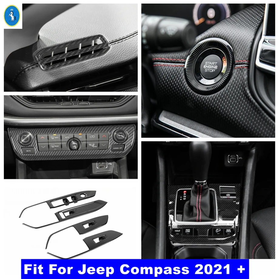 

For Jeep Compass 2021 - 2023 Carbon Fiber Interior Gear Box / Engine Push / Glass Lift Button / Air AC Control Panel Cover Trim