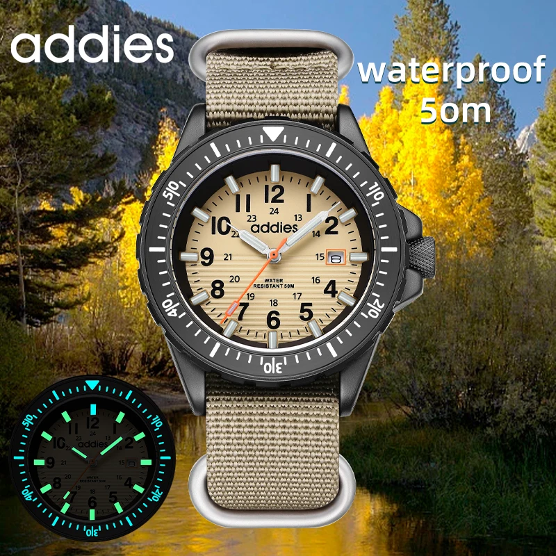 ADDIES Herren-Outdoor-Modeuhr, 50 m wasserdicht, 41 mm Quarzuhr, Nylonarmband, röhrenförmige Leuchtanzeige mit Kalender