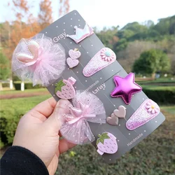 5Pcs/Set Baby Girls Bowknot Hair Clips Set Crown Barrettes Cartoon Strawberry Hairpins Kids Fashion Hair Accessories Moda