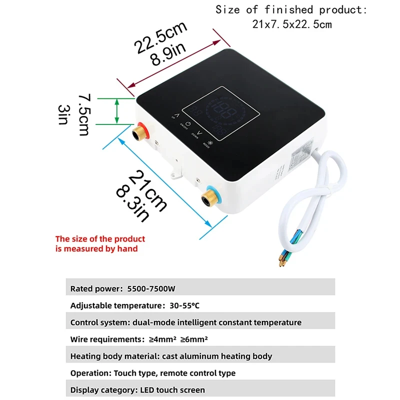 7500W Electric Instant Tankless Hot Water Heater Remote Control Bathroom Instantaneous Thermostat Heating Shower Touch Panel