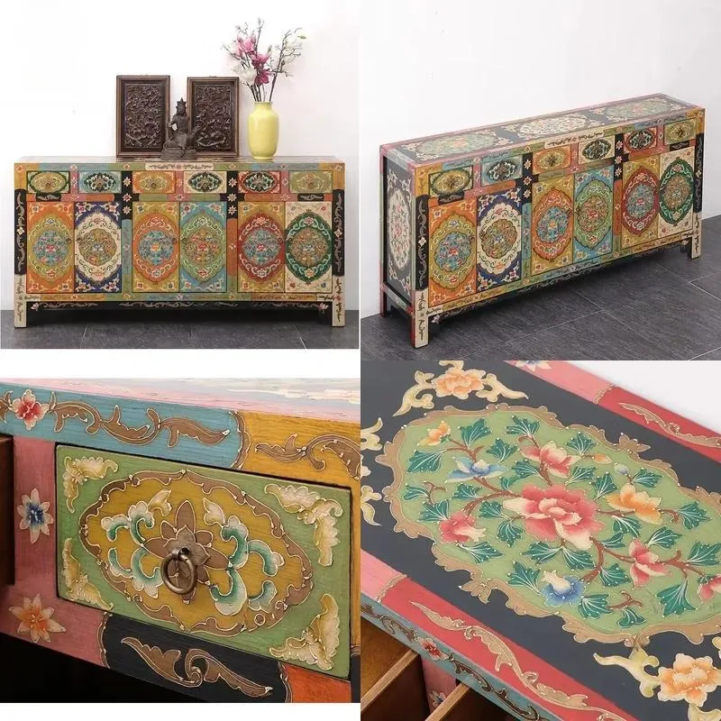Antique Tibetan Hand Painted Solid Wood Locker Eco Friendly Durable Multi Functional Storage Cabinet for Home Organization