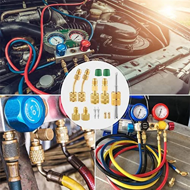 Mini adaptadores divididos R410A, conector de porta de vácuo de carregamento R410A com fêmea de 5/16 polegadas para macho de 1/4 polegadas para sistema HVAC