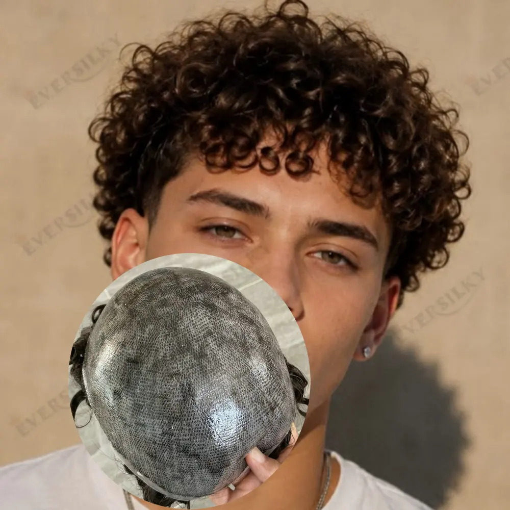 15mm Afro-Locken Echthaar-Perücken, dünne 0,1mm Haut, Voll-PU-Basis, unsichtbares, langlebiges Herren-Toupet, Haarersatz – Detail 1