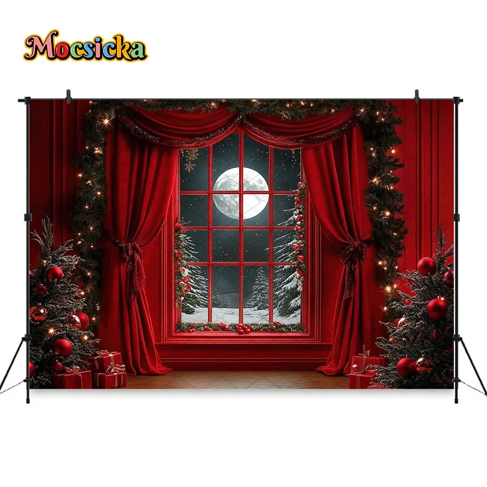 Mocsicka الأحمر عيد الميلاد الموقد خلفية التصوير الفوتوغرافي عشية عيد الميلاد نافذة القمر الستار خلفية ديكور الشتاء الأسرة استوديو الصور