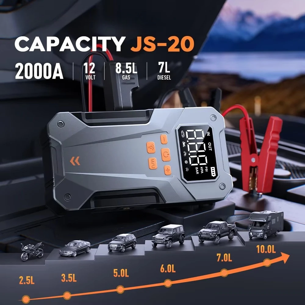 JS-20 12 V 2000 A Car 150 PSI Air Compressor Por Pack 10000 m Ah 37 Wh Car Jump Starter