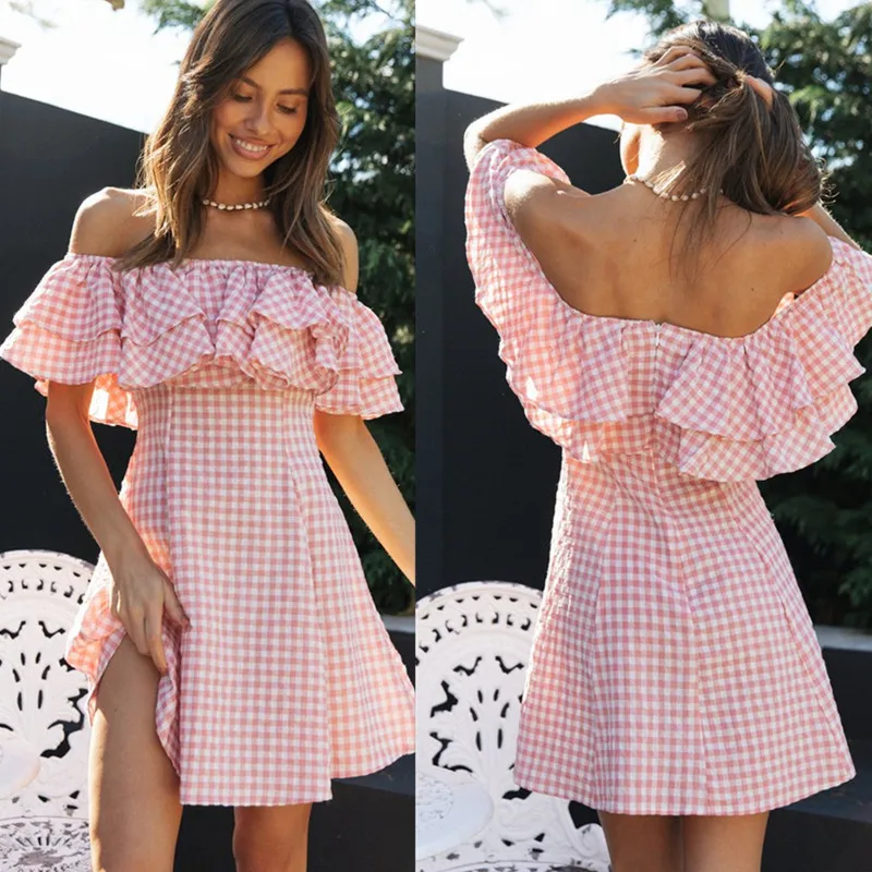 Robe élégante à carreaux roses pour femme, mode sexy, manches courtes, dos nu, mini robes pour femmes, été, décontractée, fête, slim, vestidos